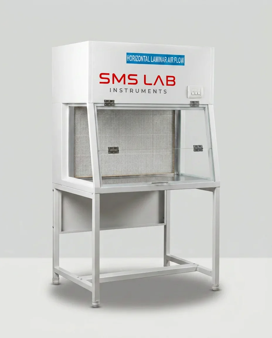 White powder-coated horizontal laminar air flow cabinet on a tubular stand, front sash raised over the HEPA filter face